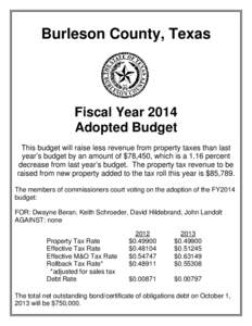 Burleson County, Texas  Fiscal Year 2014 Adopted Budget This budget will raise less revenue from property taxes than last year’s budget by an amount of $78,450, which is a 1.16 percent