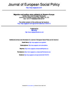 Journal of European Social Policy http://esp.sagepub.com Migration and welfare state solidarity in Western Europe Steffen Mau and Christoph Burkhardt Journal of European Social Policy 2009; 19; 213