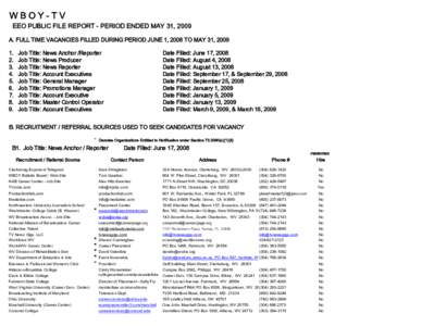 WBOY-TV EEO PUBLIC FILE REPORT - PERIOD ENDED MAY 31, 2009 A. FULL TIME VACANCIES FILLED DURING PERIOD JUNE 1, 2008 TO MAY 31, [removed].