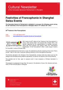 Festivities of Francophonie in Shanghai Swiss Events - March 10-30, 2015