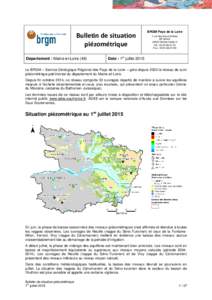 Bulletin de situation piézométrique Département : Maine-et-Loire (49) BRGM Pays de la Loire 1 rue des Saumonières