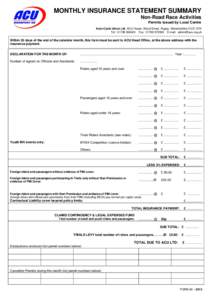 MONTHLY INSURANCE STATEMENT SUMMARY Non-Road Race Activities Permits issued by Local Centre Auto-Cycle Union Ltd, ACU House, Wood Street, Rugby, Warwickshire CV21 2YX Tel: Fax: E-mail: admin@acu