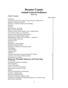 Decatur County Animal Control Ordinance Final Copy Table of Contents: Definitions Livestock and Fowl Not to Run at Large or Kept in a Public Place