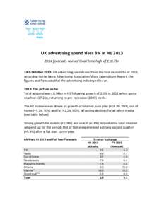 UK advertising spend rises 3% in H1[removed]forecasts revised to all time high of £18.7bn 24th October 2013: UK advertising spend rose 3% in the first six months of 2013, according to the latest Advertising Associatio