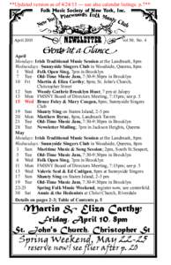 **Updated version as ofsee also calendar listings. p.7** Folk Music Society of New York, Inc. Aprilvol 50, No. 4