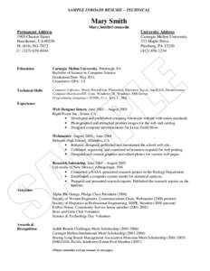 SAMPLE INROADS RESUME – TECHNICAL  Mary Smith Permanent Address 1905 Chester Street