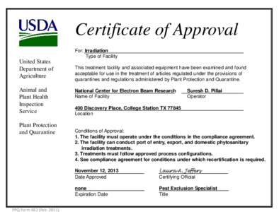 Certificate of Approval For: Irradiation Type of Facility United States Department of