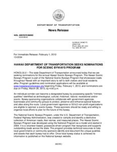 D EP AR T M ENT OF T R AN SPO R T AT I O N  News Release NEIL ABERCROMBIE GOVERNOR _________________________________________________________________________________________________________