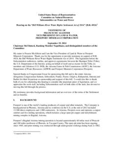 United States House of Representatives Committee on Natural Resources Subcommittee on Water and Power Hearing on the “Bill Williams River Water Rights Settlement Act of 2014” (H.R[removed]TESTIMONY OF FRANCIS MC ALLI