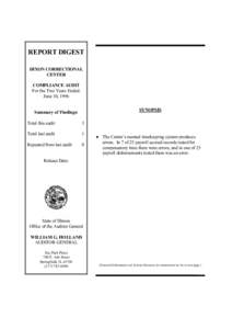 REPORT DIGEST DIXON CORRECTIONAL CENTER COMPLIANCE AUDIT For the Two Years Ended: June 30, 1996