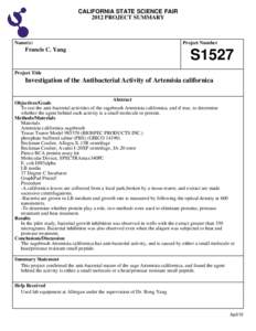 CALIFORNIA STATE SCIENCE FAIR 2012 PROJECT SUMMARY Name(s)  Francis C. Yang