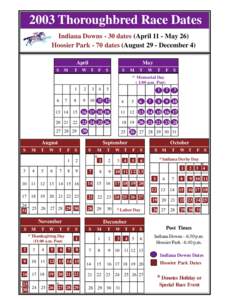 2003 Thoroughbred Race Dates Indiana Downs - 30 dates (April 11 - May 26) Hoosier Park - 70 dates (August 29 - December 4) April S M