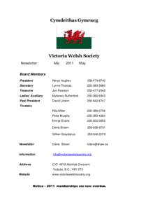 Cymdeithas Gymraeg  Victoria Welsh Society Newsletter :  Mai