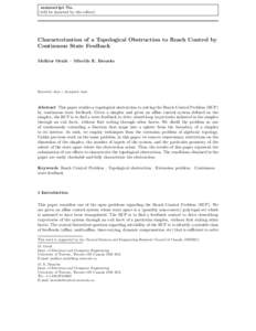 manuscript No. (will be inserted by the editor) Characterization of a Topological Obstruction to Reach Control by Continuous State Feedback Melkior Ornik · Mireille E. Broucke