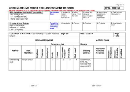 Page 1 of 2  YORK MUSEUMS TRUST RISK ASSESSMENT RECORD URN: CM0159