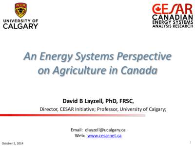 An Energy Systems Perspective on Agriculture in Canada David B Layzell, PhD, FRSC, Director, CESAR Initiative; Professor, University of Calgary;  Email: [removed]