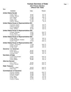 Kansas Secretary of State 2014 Primary Election Official Vote Totals Race Candidate