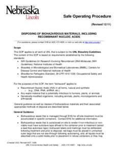 Safe Operating Procedure (Revised[removed]DISPOSING OF BIOHAZARDOUS MATERIALS, INCLUDING RECOMBINANT NUCLEIC ACIDS ______________________________________________________________________________