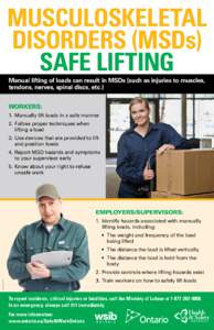 MUSCULOSKELETAL DISORDERS (MSDs) SAFE LIFTING Manual lifting of loads can result in MSDs (such as injuries to muscles, tendons, nerves, spinal discs, etc.) Workers: