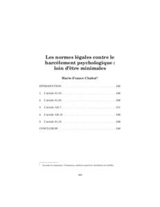 Les normes légales contre le harcèlement psychologique : loin d’être minimales Marie-France Chabot* INTRODUCTION . . . . . . . . . . . . . . . . . . . . . . . . . [removed]L’article 81.19 . . . . . . . . . . . . . .