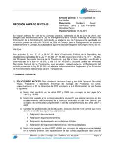 DECISIÓN AMPARO Nº C75-10  Entidad pública: I. Municipalidad de Los Andes Requirente: Humberto
