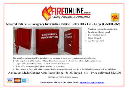Manifest Cabinet – Emergency Information Cabinet: 500 x 500 x 150 – Large (C-MEIL-OZ)     