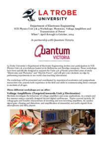 Department of Electronic Engineering VCE Physics Unit 3 & 4 Workshops: Photonics, Voltage Amplifiers and Transmission of Power When*: April through to October, 2014 In partnership with Quantum Victoria