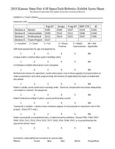 2018 Kansas State Fair 4-H SpaceTech Robotics Exhibit Score Sheet This document supersedes and replaces all previous revisions of this form Exhibitor’s / Team’s Name: Extension Unit: