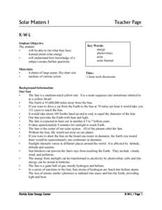 Solar Matters I  Teacher Page K-W-L Student Objective