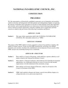 NATIONAL PAN-HELLENIC COUNCIL, INC. CONSTITUTION PREAMBLE We, the representatives of historically established community service fraternities and sororities, similar in structure and background with both graduate and unde