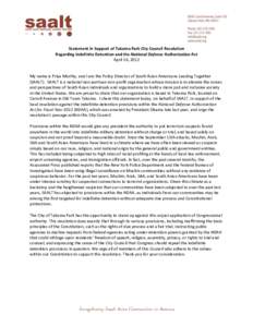 Statement in Support of Takoma Park City Council Resolution Regarding Indefinite Detention and the National Defense Authorization Act April 16, 2012 My name is Priya Murthy, and I am the Policy Director of South Asian Am