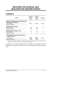 MINISTER FOR HOUSING, AND MINISTER FOR WESTERN SYDNEY OVERVIEW Agency[removed]