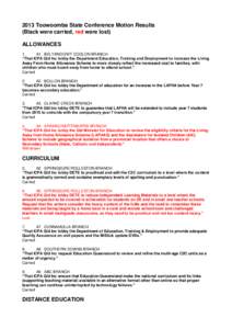 2013 Toowoomba State Conference Motion Results (Black were carried, red were lost) ALLOWANCES 1. A1 BELYANDO/MT COOLON BRANCH “That ICPA Qld Inc lobby the Department Education, Training and Employment to increase the L