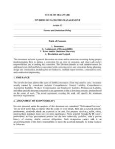STATE OF DELAWARE DIVISION OF FACILITIES MANAGEMENT Article 12 Errors and Omissions Policy  Table of Contents