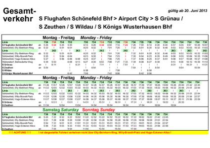 Gesamtverkehr  gültig ab 20. Juni 2013 S Flughafen Schönefeld Bhf > Airport City > S Grünau / S Zeuthen / S Wildau / S Königs Wusterhausen Bhf