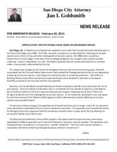 San Diego City Attorney  Jan I. Goldsmith NEWS RELEASE FOR IMMEDIATE RELEASE: February 16, 2011 Contact: Gina Coburn, Communications Director: ([removed]