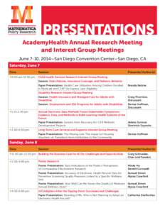 PRESENTATIONS AcademyHealth Annual Research Meeting and Interest Group Meetings June 7-10, 2014—San Diego Convention Center—San Diego, CA Saturday, June 7 Time