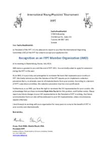 International Young Physicists’ Tournament  IYPT Sacha Noukhovitch STEM Fellowship 256 McCaul St., Suite 235