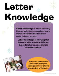 Letter Knowledge Letter Knowledge is one of the early literacy skills that researchers say is important for children to have in order to learn to read.