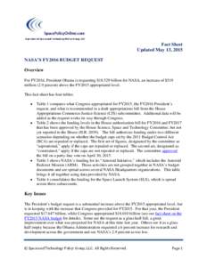 Fact Sheet Updated May 13, 2015 NASA’S FY2016 BUDGET REQUEST Overview For FY2016, President Obama is requesting $billion for NASA, an increase of $519 million (2.9 percent) above the FY2015 appropriated level.