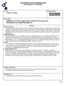 CALIFORNIA STATE SCIENCE FAIR 2014 PROJECT SUMMARY Name(s)  Project Number