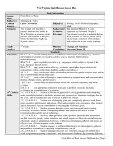 West Virginia State Museum Lesson Plan Basic Information Lesson Title: Author(s): Content