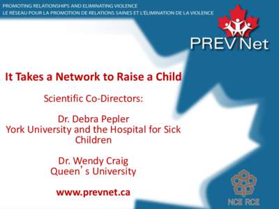 It Takes a Network to Raise a Child Scientific Co-Directors: Dr. Debra Pepler York University and the Hospital for Sick Children Dr. Wendy Craig