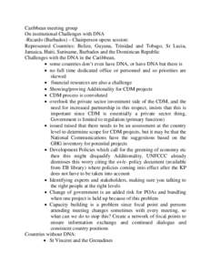 Caribbean meeting group On institutional Challenges with DNA -Ricardo (Barbados) – Chairperson opens session: Represented Countries: Belize, Guyana, Trinidad and Tobago, St Lucia, Jamaica, Haiti, Suriname, Barbados and