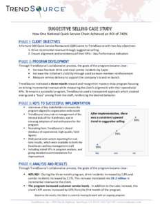 SUGGESTIVE SELLING CASE STUDY How One National Quick Service Chain Achieved an ROI of 740% PHASE 1: CLIENT OBJECTIVES A Fortune 500 Quick Service Restaurant (QSR) came to TrendSource with two key objectives: 1. Drive inc