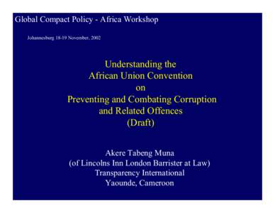 Global Compact Policy - Africa Workshop JohannesburgNovember, 2002 Understanding the African Union Convention on