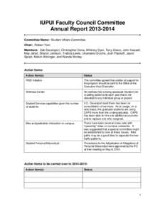 IUPUI Faculty Council Committee Annual Report[removed]Committee Name: Student Affairs Committee Chair: Robert Yost Members: Zeb Davenport, Christopher Dona, Whitney Dyer, Tony Greco, John Hassell, May Jafari, Sharon Ja