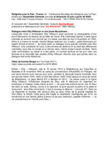 Religions pour la Paix - France (ex - Conférence Mondiale des Religions pour la Paix) tiendra son Assemblée Générale annuelle le dimanche 22 juin à partir de 9H30. Lieu : Salle Saint François d’Assise - 32 rue Bo