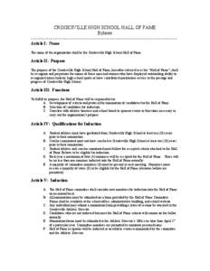 CROOKSVILLE HIGH SCHOOL HALL OF FAME Bylaws -------------------------------------------------------------------------------------------Article I: Name The name of the organization shall be the Crooksville High School Hal