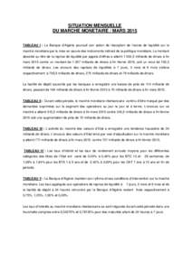 SITUATION MENSUELLE DU MARCHE MONETAIRE / MARS 2015 TABLEAU I : La Banque d’Algérie poursuit son action de résorption de l’excès de liquidité sur le marché monétaire par la mise en œuvre des instruments indire